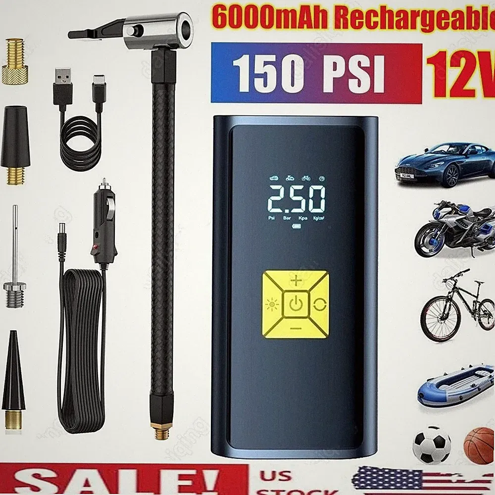 150 PSI Air Compressor Tire Inflator Fits Car Moto Bike Tires Air Pump Cordless