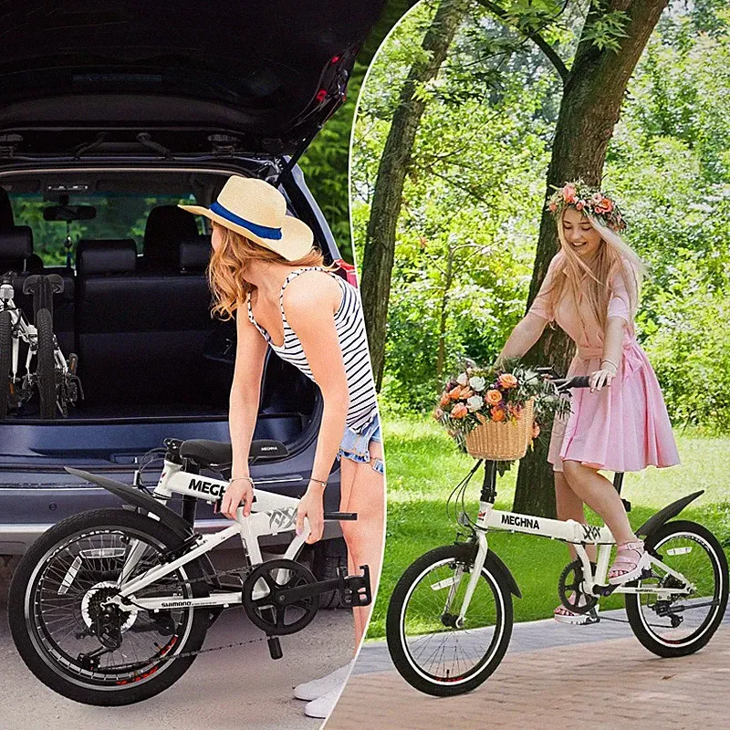 20" Folding Bike Adults w/Basket 6-Speed Dual V-Brake Portable Compact Bicycle