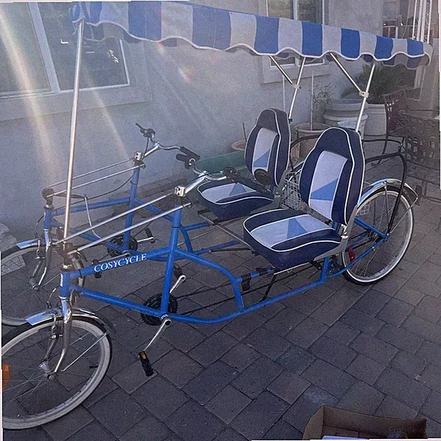 COSYCYCLE 20in Blue/White Tandem Bike with Canopy and Basket/ back wheels 26in