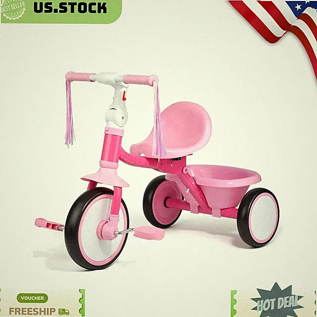NEW Foldable Toddler Tricycle 3 Wheel Bike Adjustable Seat Basket Pink Kids
