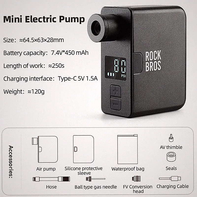 ROCKBROS Portable Mini Electric Bike Pump Bicycle Tire Inflator 120PSI USB-C