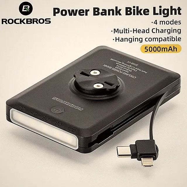 ROCKBROS Power Bank Bike Light 5000mAh w/Cable Mobile Charger Outdoor Portable