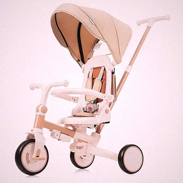Toddler Kids Push Stroller, Folds Pedal Tricycle Trike Bike Toy Ride-On - Brown